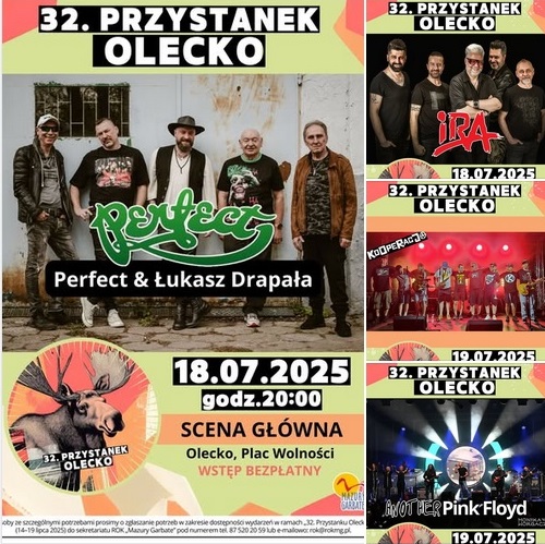 Plakat zapraszający w dniach 14-19 lipca 2025 r. do Olecka na 32. edycję Przystanku Olecko 2025.