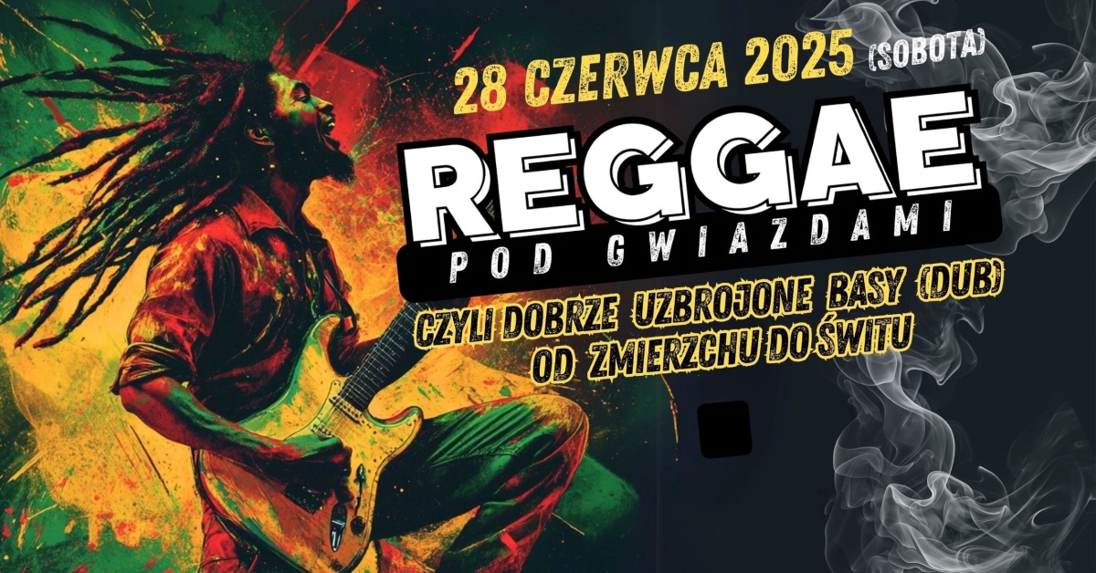 Plakat zapraszający w sobotę 28 czerwca 2025 r. do Olecka na Festiwal Reggae Pod Gwiazdami Olecko 2025.