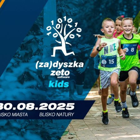 Plakat zapraszający w sobotę 30 sierpnia 2025 r. do Olsztyna na Bieg (za)Dyszka ZETO Software Biegi Dzieci Olsztyn 2025.