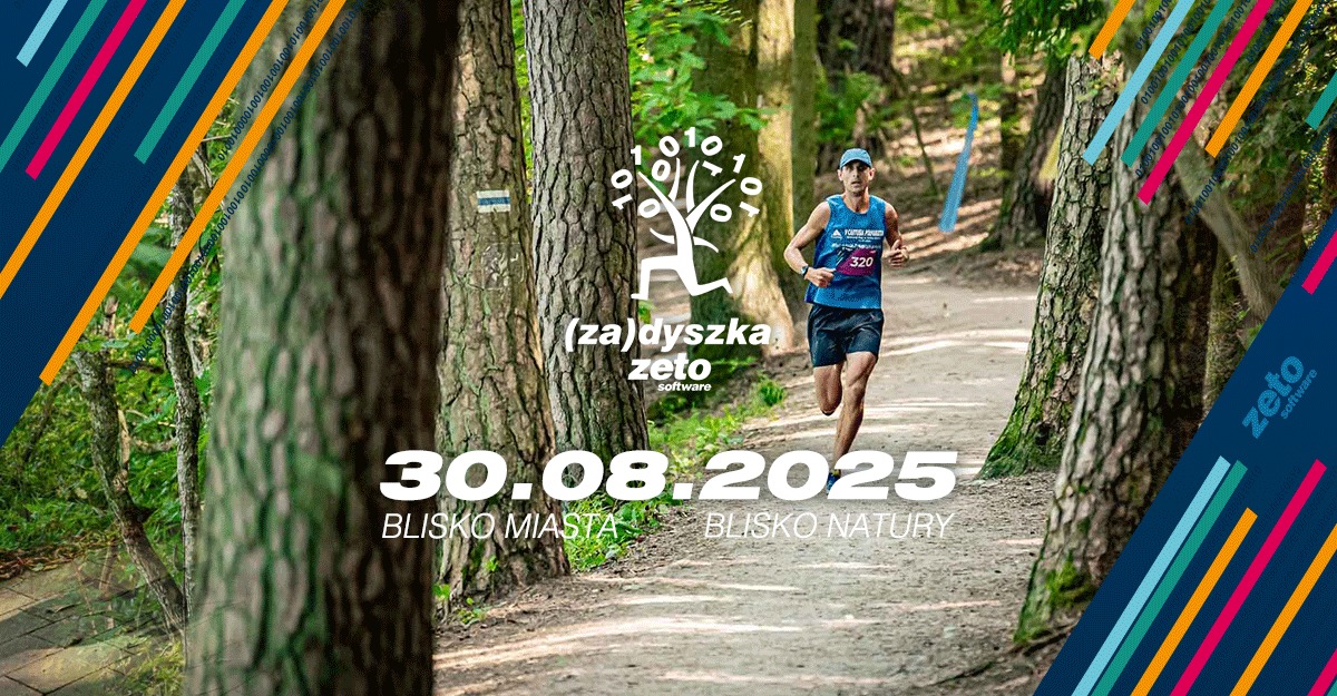 Plakat zapraszający w sobotę 30 sierpnia 2025 r. do Olsztyna na Bieg (za)Dyszka ZetoSoftware Olsztyn 2025. 