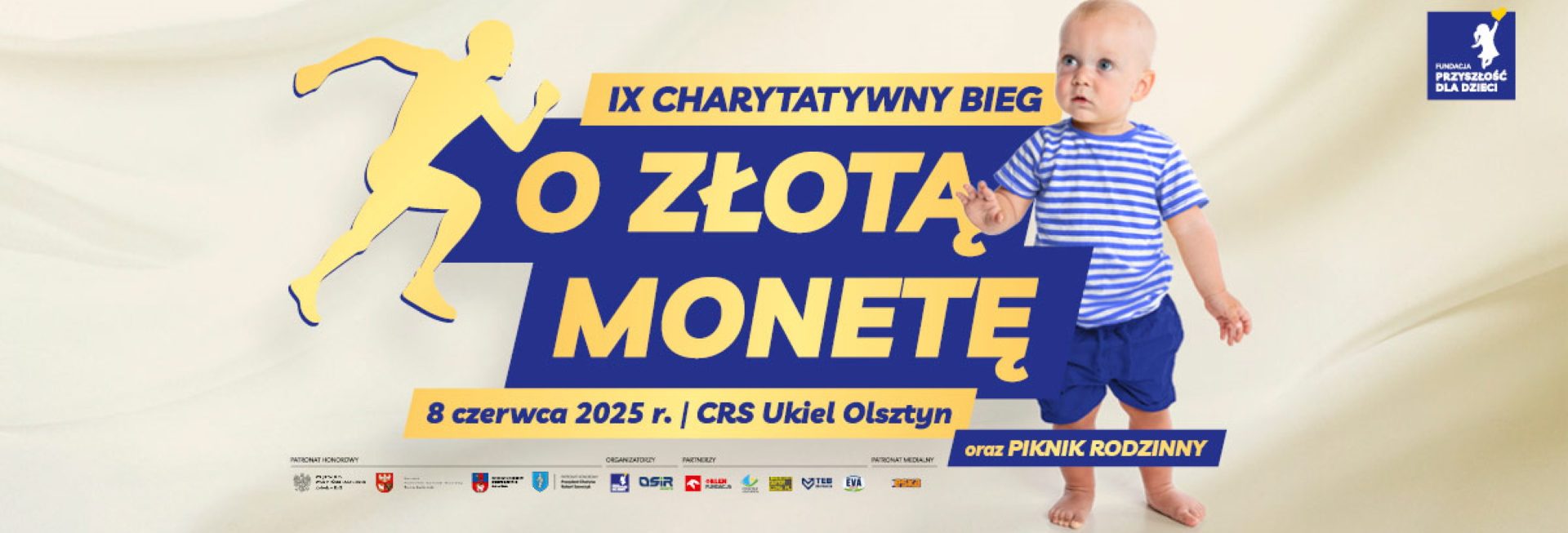 Plakat zapraszający w niedzielę 8 czerwca 2025 r. do Olsztyna na Charytatywny Bieg o Złotą Monetę Olsztyn 2025.