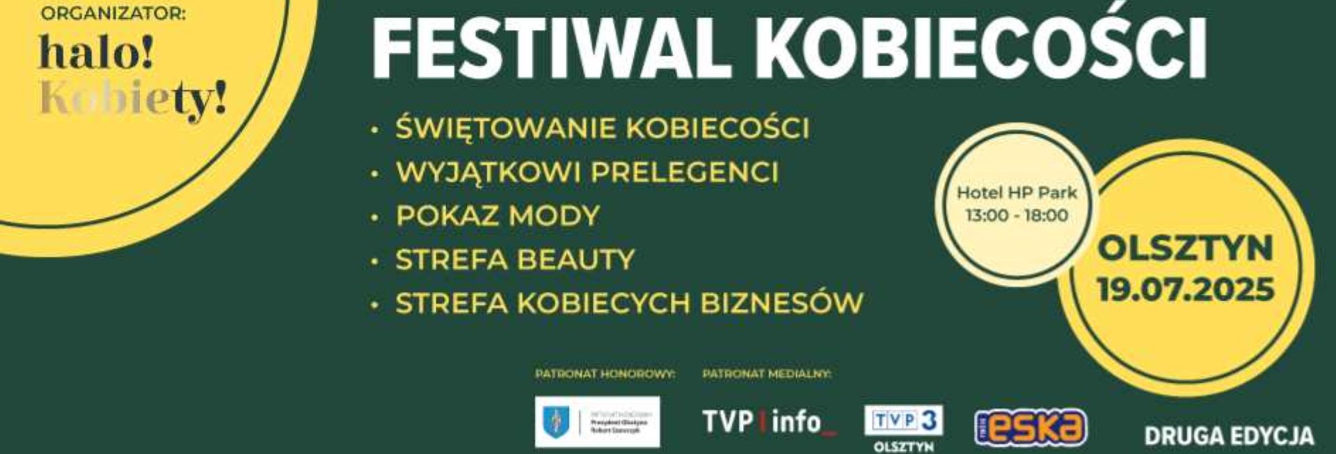 Plakat zapraszający w sobotę 19 lipca 2025 r. do Olsztyna na Festiwal Kobiecości Olsztyn 2025.