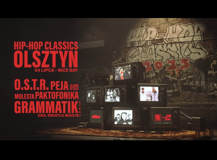 Plakat zapraszający w piątek 4 lipca 2025 r. do Olsztyna na Festiwal Hip Hop Classics Festiwal Olsztyn 2025.