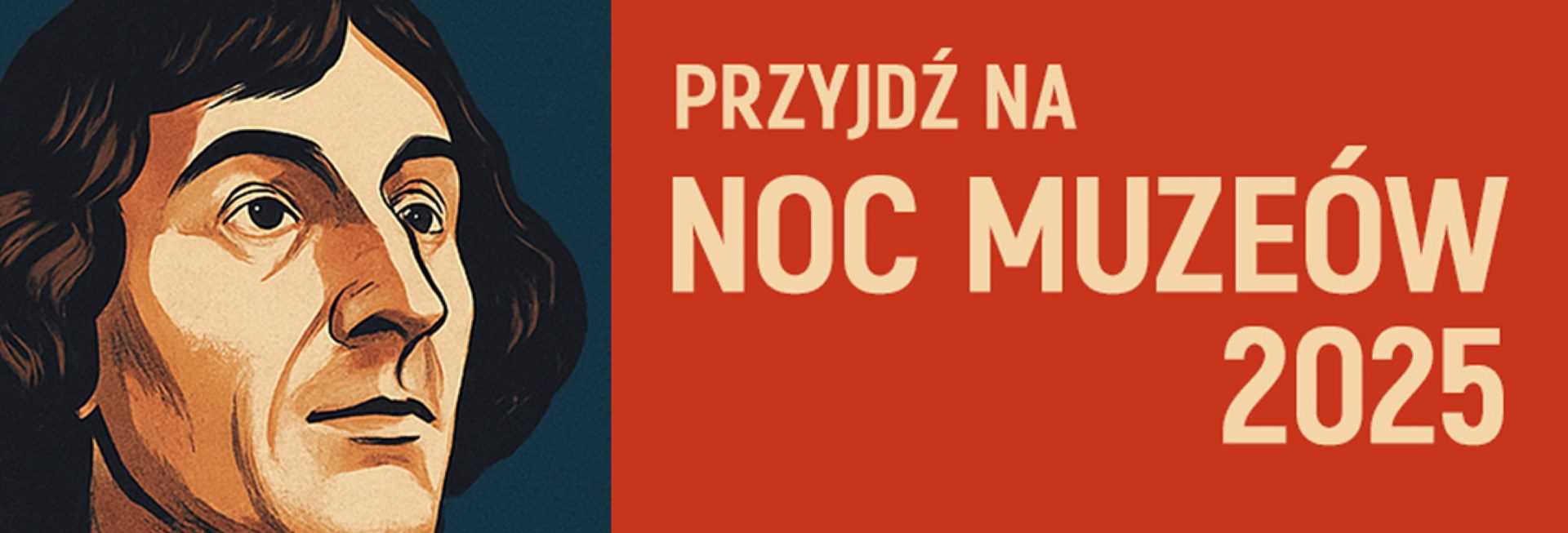 Plakat zapraszający w sobotę 17 maja 2025 r. do Muzeum Warmii i Mazur w Olsztynie na Noc Muzeów w Muzeum Warmii i Mazur w Olsztynie 2025.