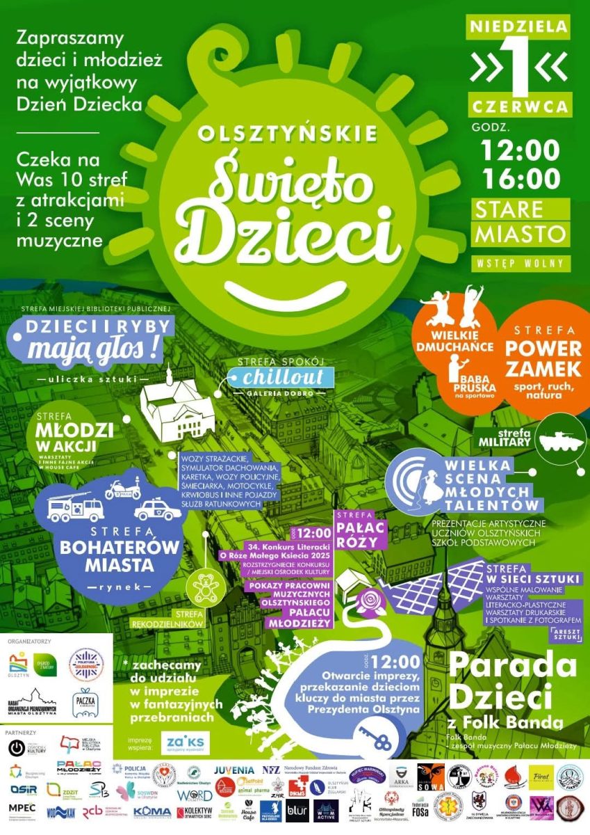 Plakat zapraszający w niedzielę 1 czerwca 2025 r. do Olsztyna na Olsztyńskie Święto Dzieci Stare Miasto Olsztyn 2025