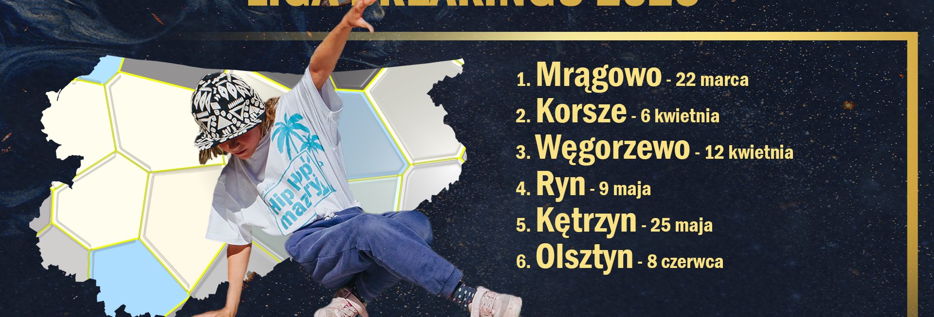 Plakat zapraszający w niedzielę 8 czerwca 2025 r. do Olsztyna na Finał Warmińsko-Mazurskiej Ligi Breakingu Olsztyn 2025.