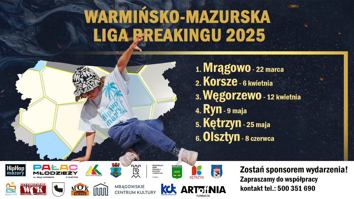 Plakat zapraszający w niedzielę 8 czerwca 2025 r. do Olsztyna na Finał Warmińsko-Mazurskiej Ligi Breakingu Olsztyn 2025.