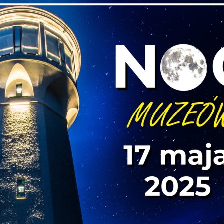 Plakat zapraszający w sobotę 17 maja 2025 r. do Olsztynka na Noc Muzeów Olsztynek 2025.
