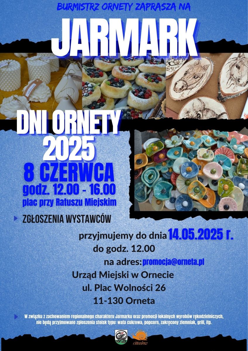 Plakat zapraszający w niedzielę 8 czerwca 2025 r. do Ornety na cykliczną imprezę Jarmark z okazji Dni Ornety 2025.
