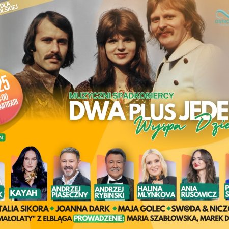 Plakat zapraszający w niedzielę 1 czerwca 2025 r. do Ostródy na Koncert "Muzyczni Spadkobiercy: Dwa Plus Jeden - Wyspa Dzieci" Ostróda 2025. 