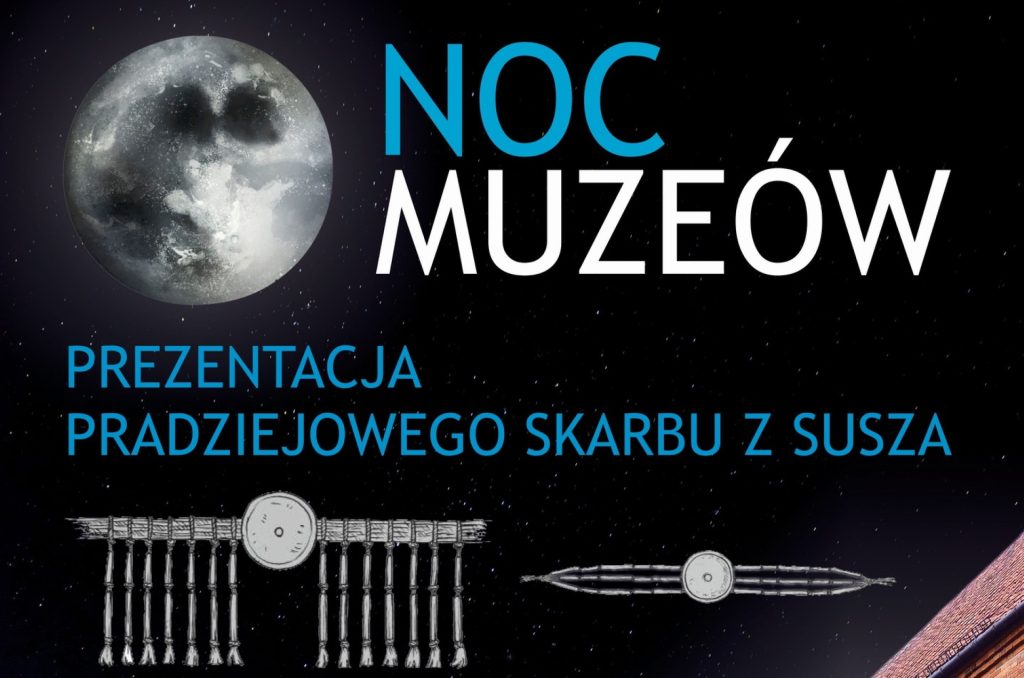 Plakat zapraszający w sobotę 17 maja 2025 r. do Ostródy na Noc Muzeów Zamek w Ostródzie 2025. 