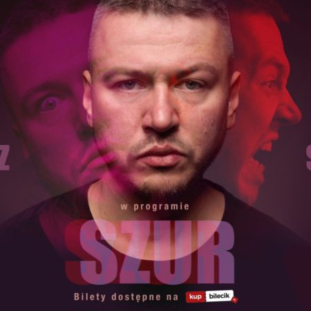 Plakat zapraszający w niedzielę 27 lipca 2025 r. do Ostródy na stand-up Mateusz Socha pt. „Szur” Ostróda 2025.