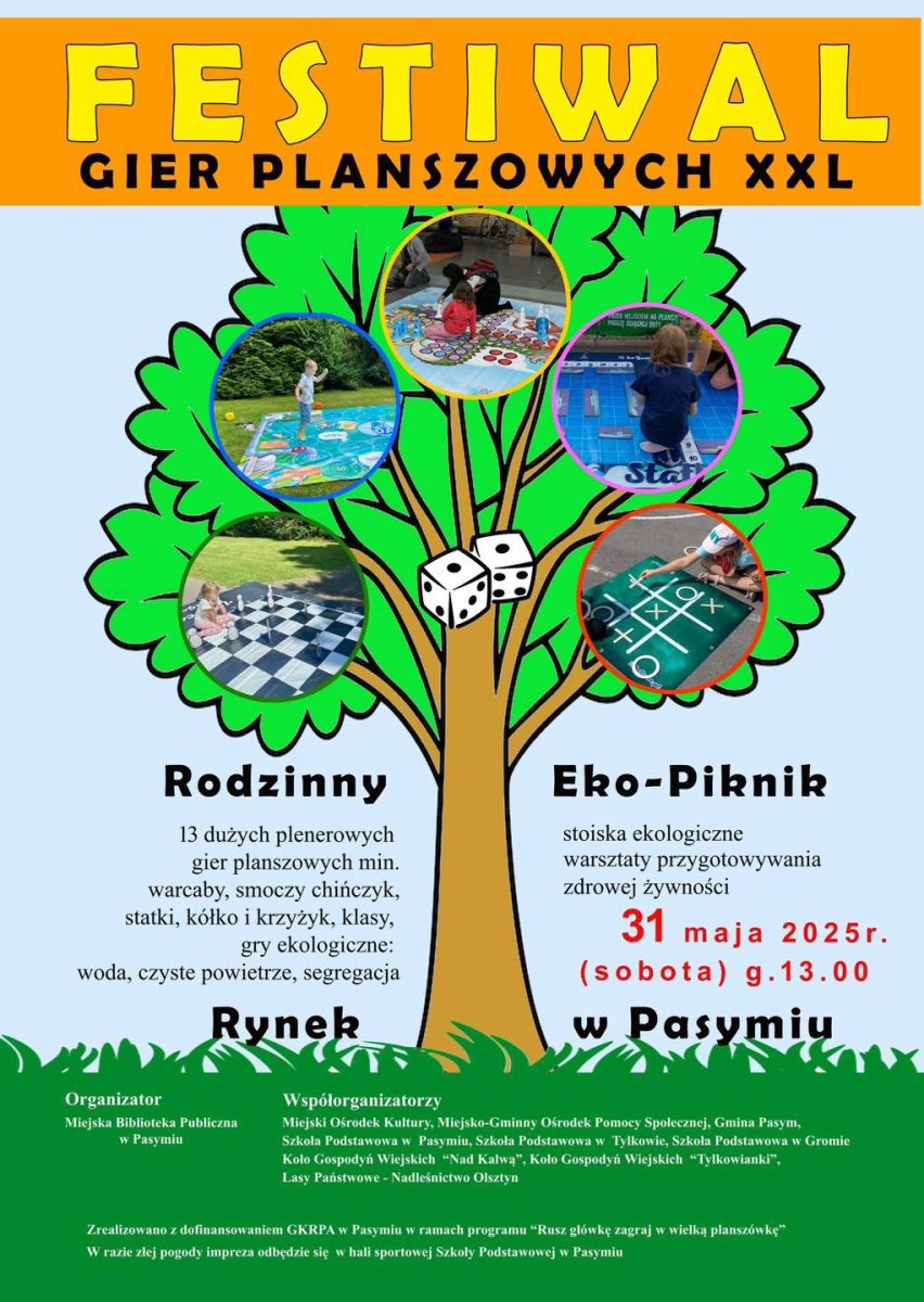 Plakat zapraszający w sobotę 31 maja 2025 r. do Pasymia na Festiwal Gier Planszowych XXL Pasym 2025. 