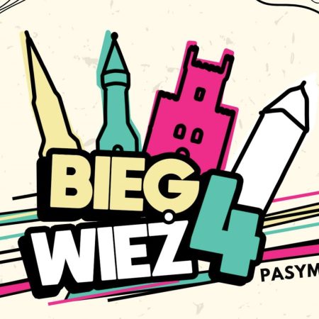 Plakat zapraszający w niedzielę 22 czerwca 2025 r. do Pasymia na Pasymski Bieg Czterech Wież nad Kalwą Pasym 2025.