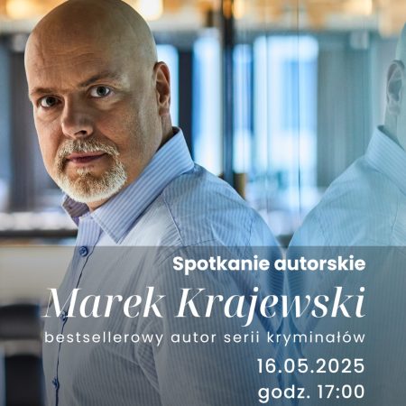 Plakat zapraszający w piątek 16 maja 2025 r. do miejscowości Piecki na spotkanie autorskie z Markiem Krajewskim – mistrzem retro kryminału Piecki 2025. 