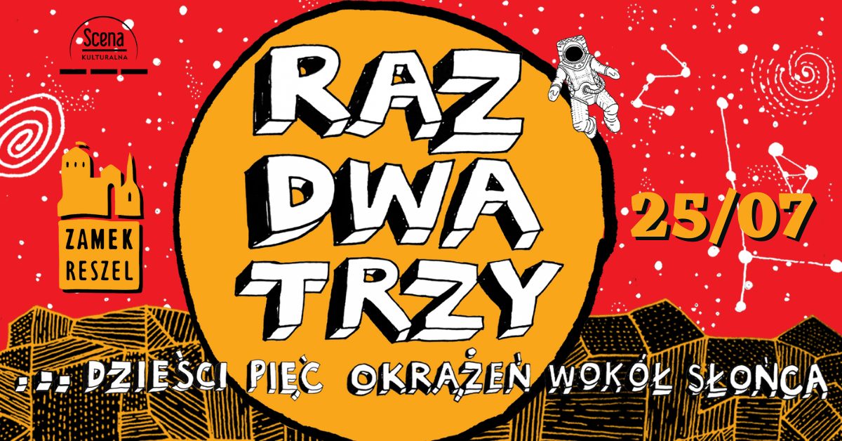 Plakat zapraszający w piątek 25 lipca 2025 r. do Reszla na koncert jubileuszowy zespołu Raz Dwa Trzy... "dziesięć pięć okrążeń wokół słońca" Zamek Reszel 2025. 