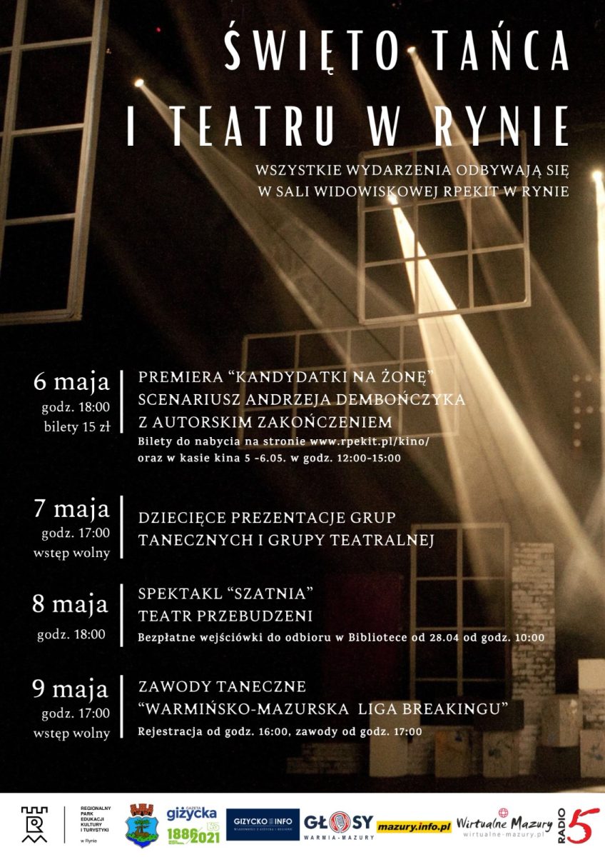 Plakat zapraszający w dniach 6-9 maja 2025 r. do Rynu na Święto Tańca i Teatru Ryn 2025.