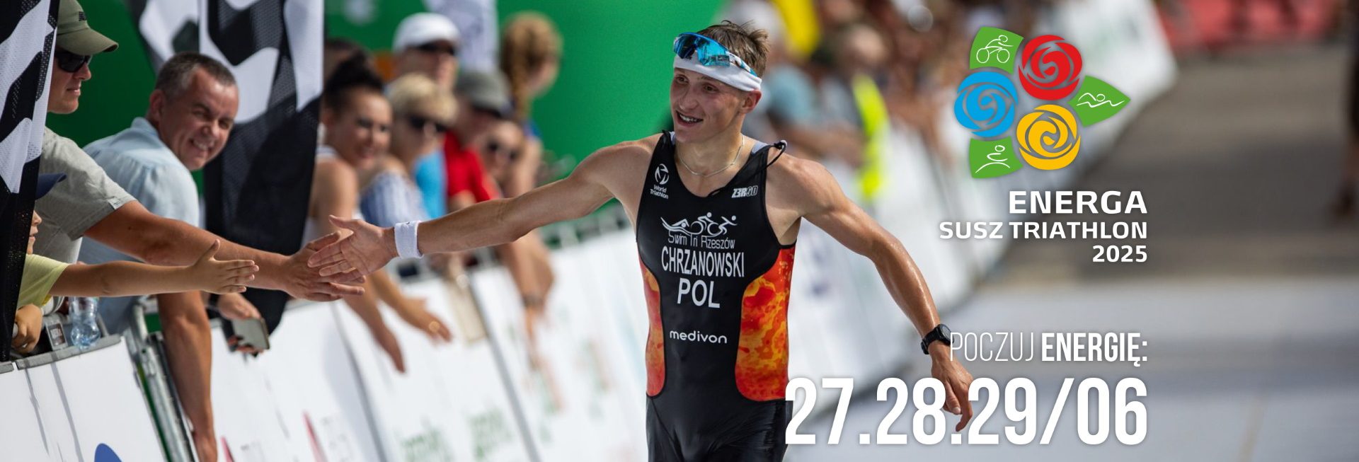Plakat zapraszający w dniach 27-29 czerwca 2025 r. do miejscowości Susz na Energa Susz Triathlon Susz 2025.