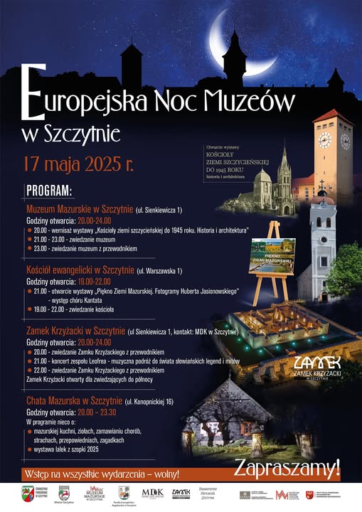 Plakat zapraszający w sobotę 17 maja 2025 r. do Szczytna na Europejską Noc Muzeów Szczytno 2025. 