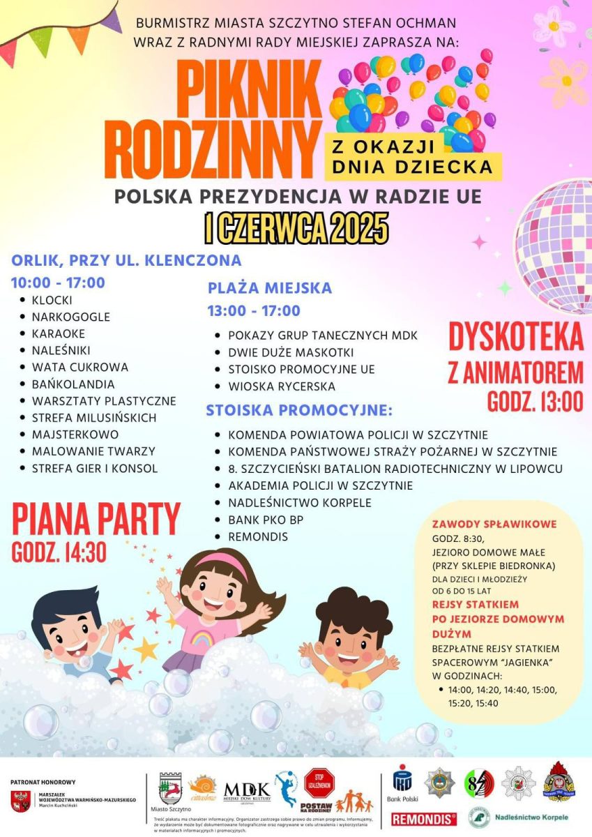 Plakat zapraszający w niedzielę 1 czerwca 2025 r. do Szczytna na Piknik Rodzinny Szczytno 2025. 
