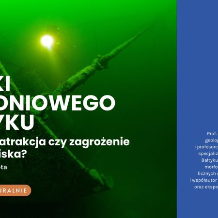 Plakat zapraszający w sobotę 10 maja 2025 r. do Sztynortu na spotkanie z prof. Leszkiem Łęczyńskim "Wraki Bałtyku – atrakcja czy zagrożenie?" Memuak Sztynort 2025.