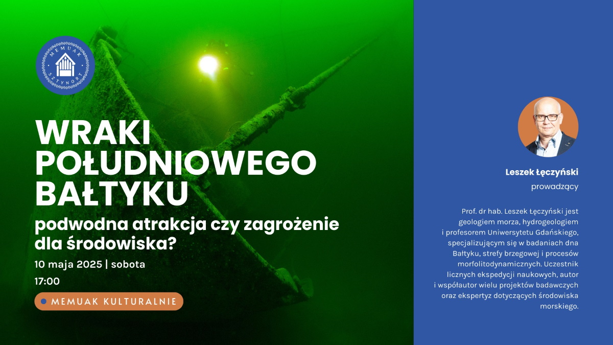 Plakat zapraszający w sobotę 10 maja 2025 r. do Sztynortu na spotkanie z prof. Leszkiem Łęczyńskim "Wraki Bałtyku – atrakcja czy zagrożenie?" Memuak Sztynort 2025. 