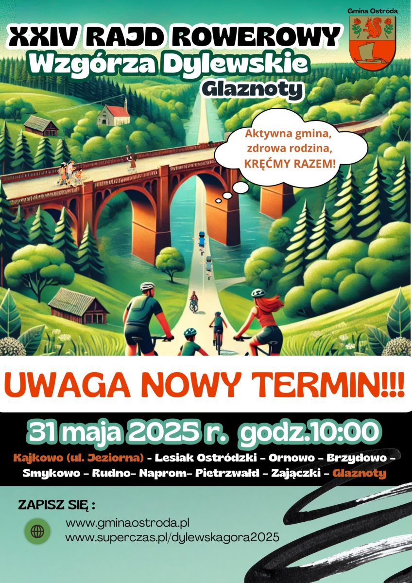Plakat zapraszający w sobotę 31 maja 2025 r. turystów i mieszkańców na 24. edycję Rajdu Rowerowego Wzgórza Dylewskie Kajkowo-Glaznoty 2025. 
