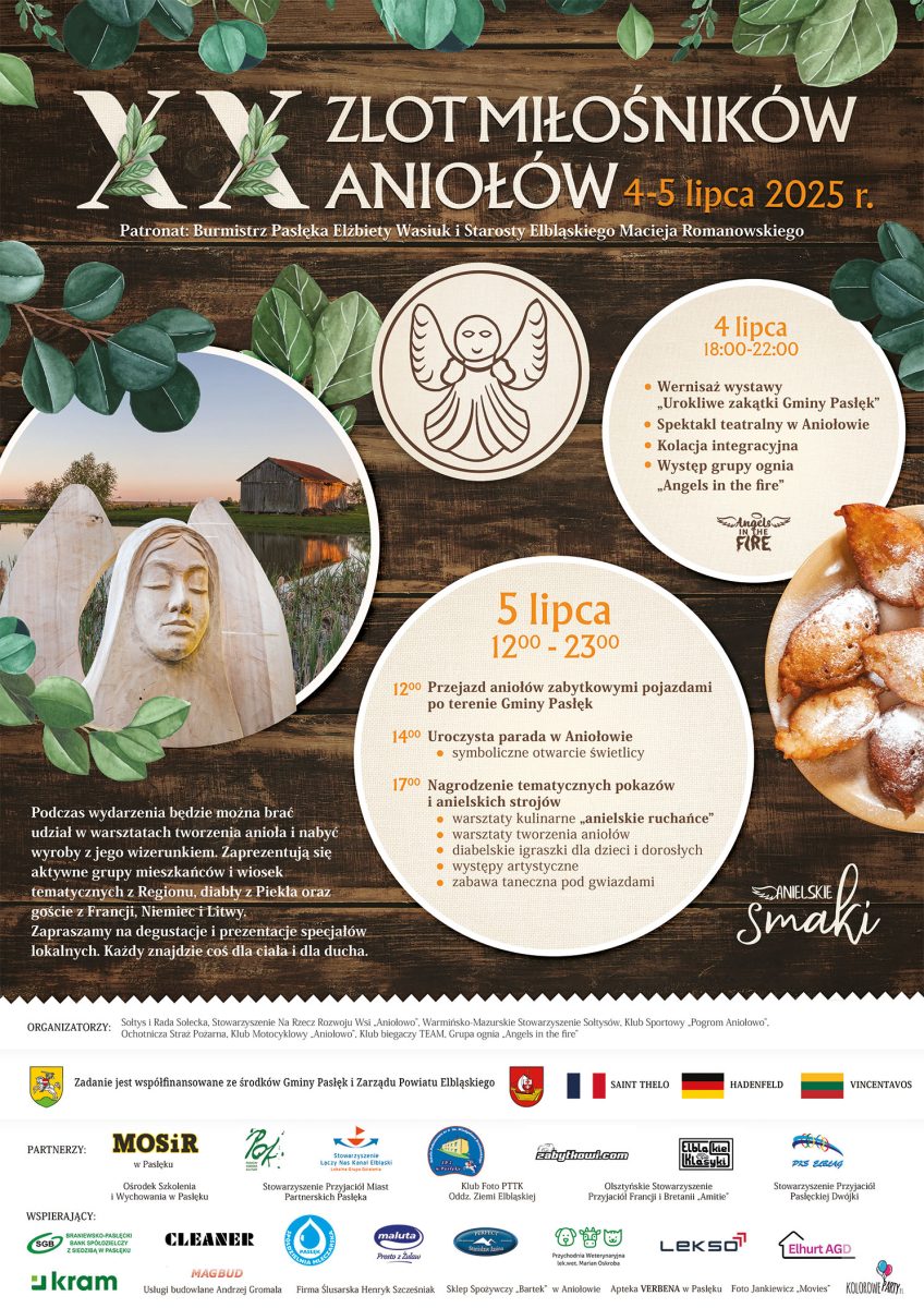 Plakat zapraszający w dniach 4-5 lipca 2025 r. do miejscowości Aniołowo w gminie Pasłęk na Zlot Miłośników Aniołów Aniołowo 2025.