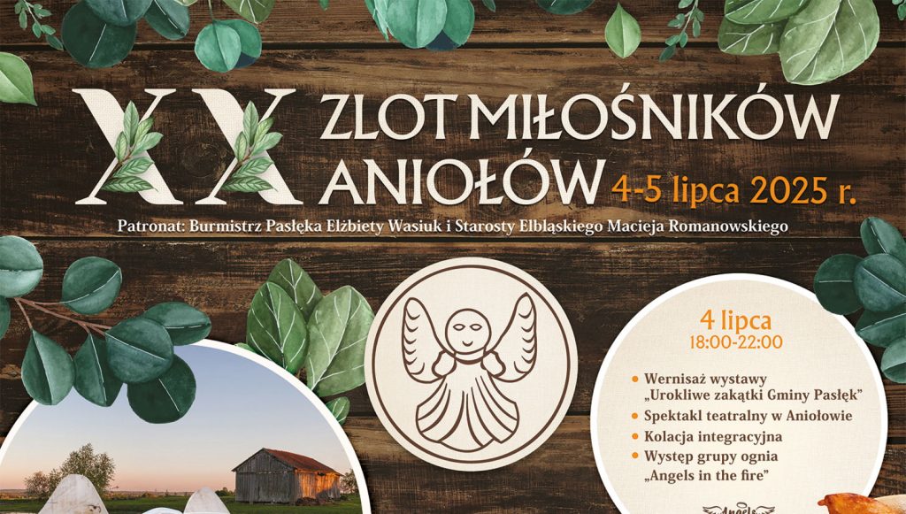 Plakat zapraszający w dniach 4-5 lipca 2025 r. do miejscowości Aniołowo w gminie Pasłęk na Zlot Miłośników Aniołów Aniołowo 2025.