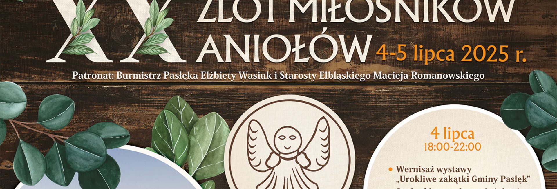 Plakat zapraszający w dniach 4-5 lipca 2025 r. do miejscowości Aniołowo w gminie Pasłęk na Zlot Miłośników Aniołów Aniołowo 2025.