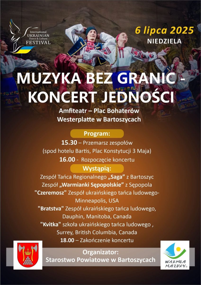 Plakat zapraszający w niedzielę 6 lipca 2025 r. do Bartoszyc na koncert "Muzyka bez granic – Koncert Jedności" Bartoszyce 2025. 