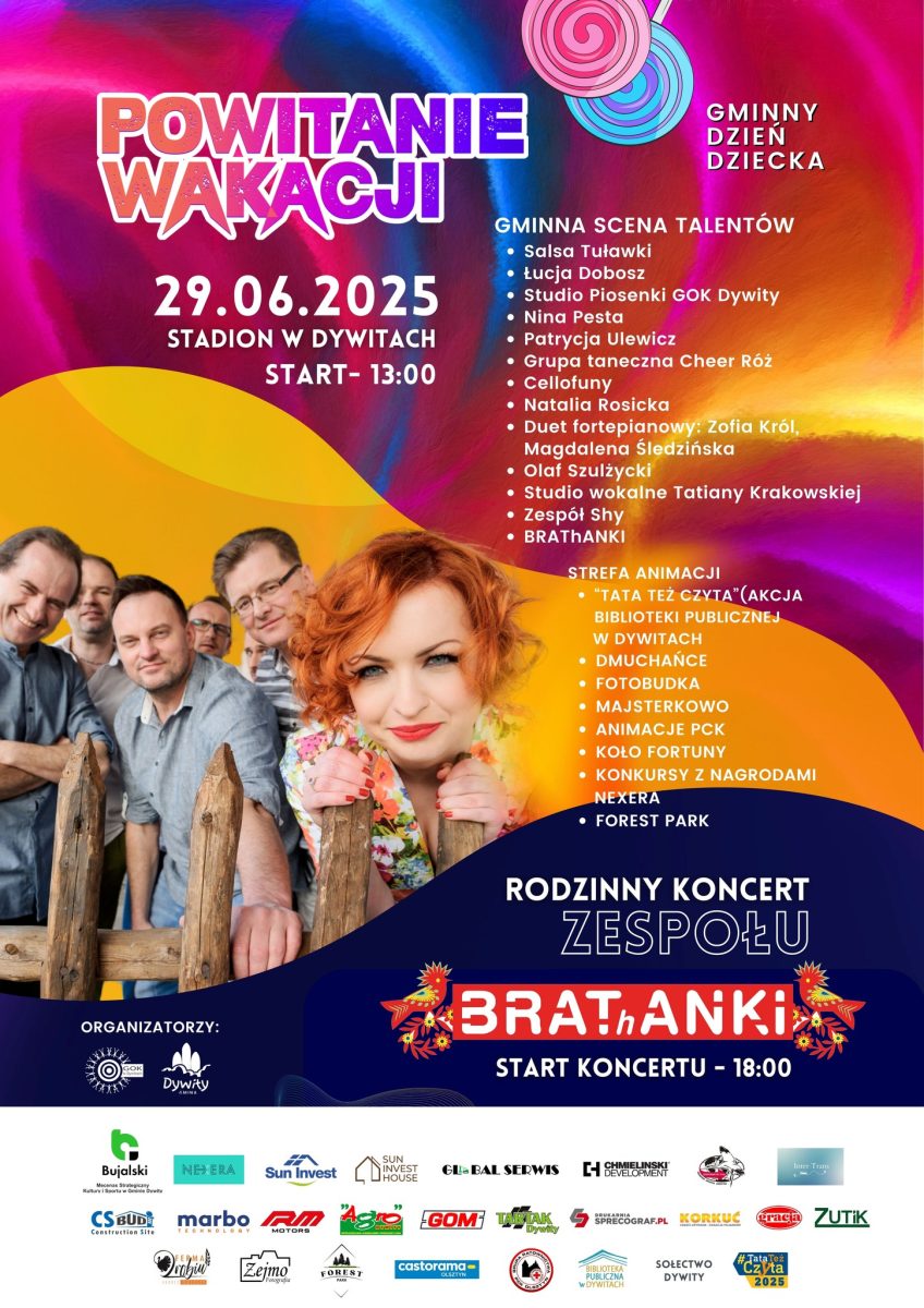 Plakat zapraszający w niedzielę 29 czerwca 2025 r. do Dywit na Powitanie Wakacji Dywity 2025. 