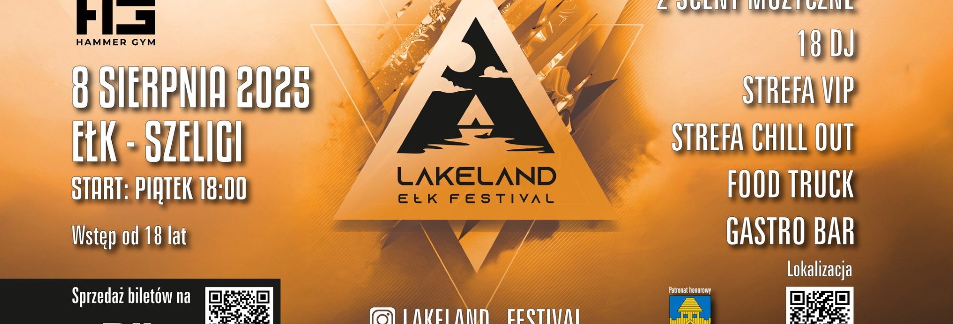Plakat zapraszający w dniach 8-9 sierpnia 2025 r. do Ełku na LakeLand Ełk Festival Ełk 2025.