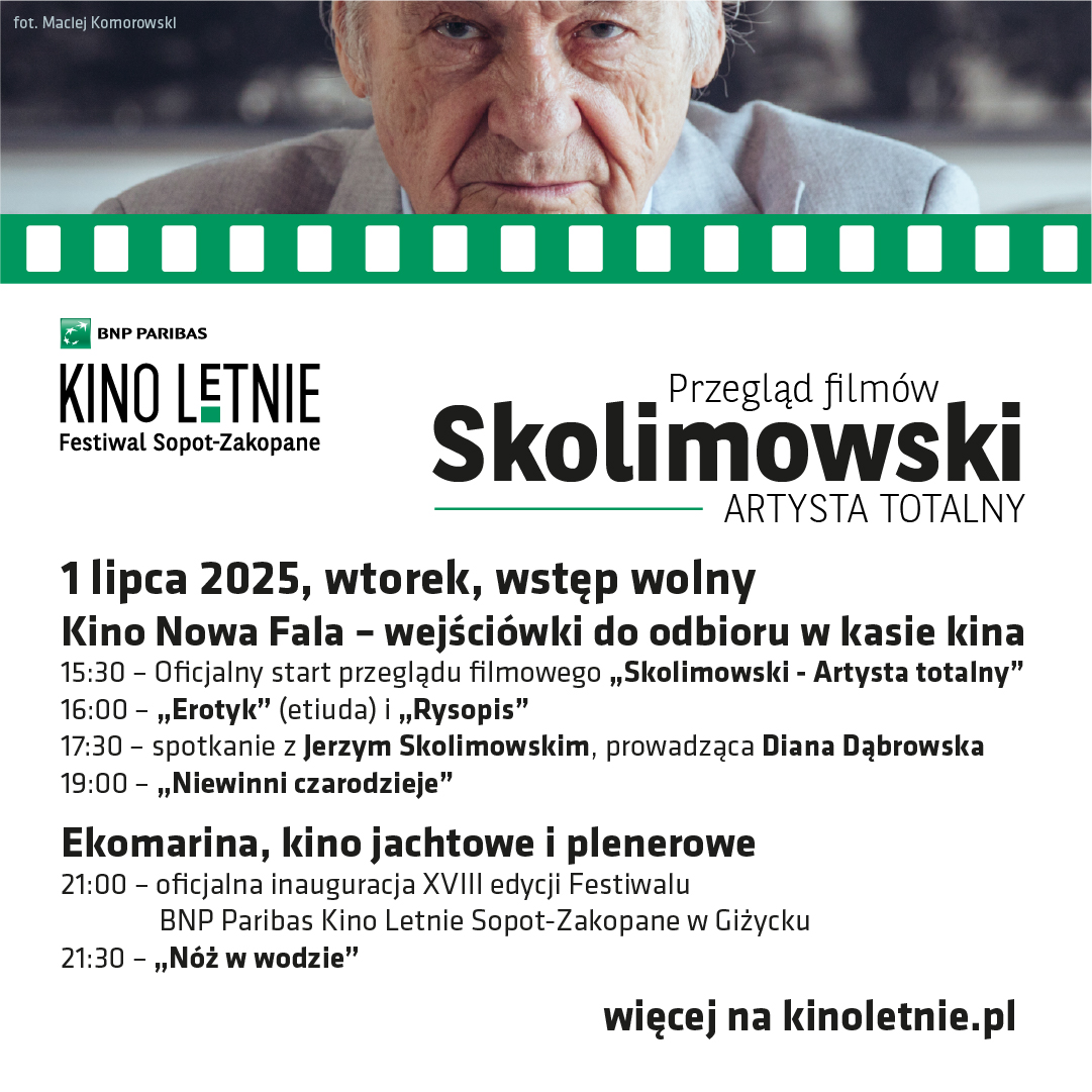 Plakat zapraszający w dniach 1-2 lipca 2025 r. do Giżycka na Festiwal BNP Paribas Kino Letnie Giżycko 2025. 