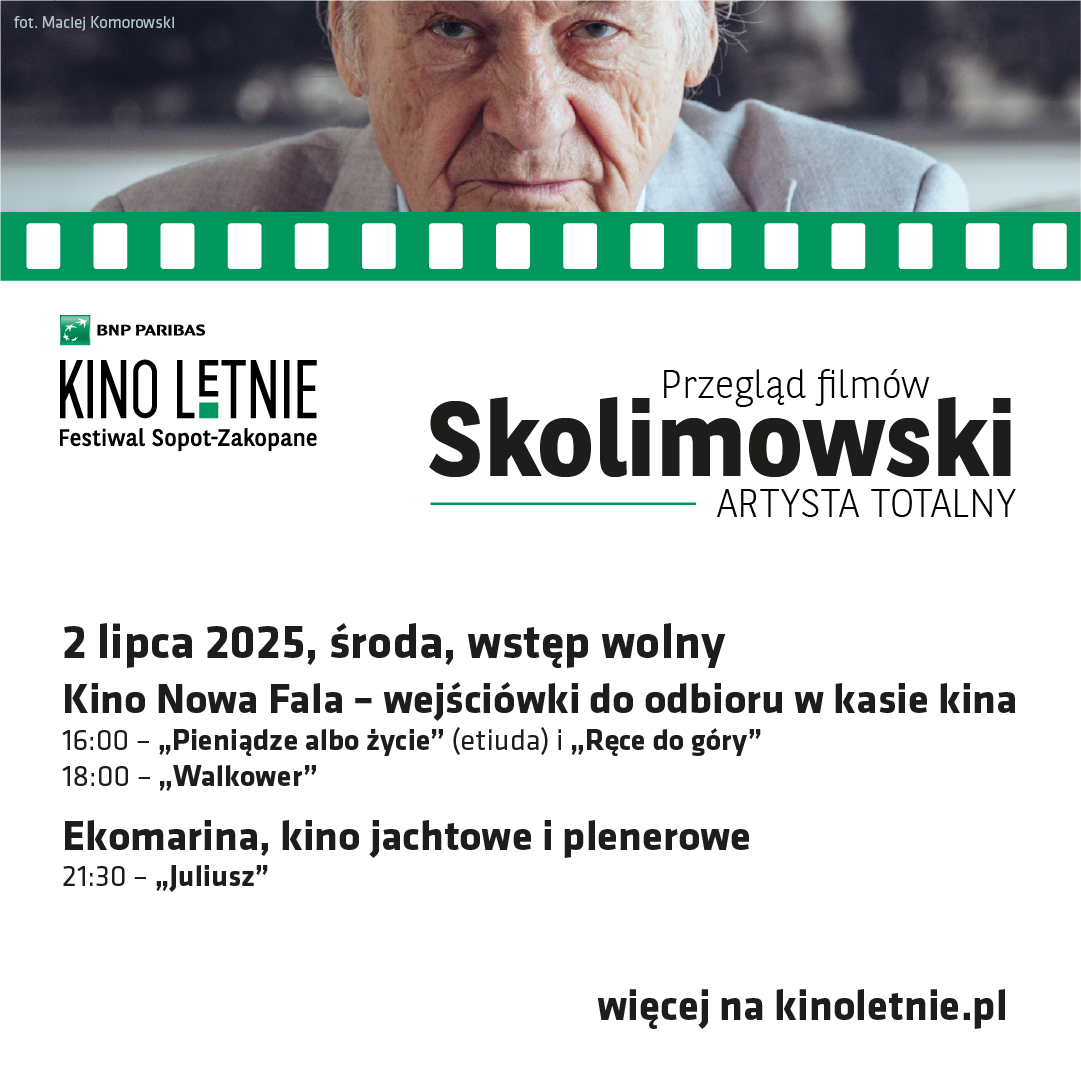 Plakat zapraszający w dniach 1-2 lipca 2025 r. do Giżycka na Festiwal BNP Paribas Kino Letnie Giżycko 2025. 