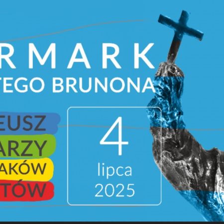 Plakat zapraszający w piątek 4 lipca 2025 r. do Giżycka na Jarmark Świętego Brunona Giżycko 2025.