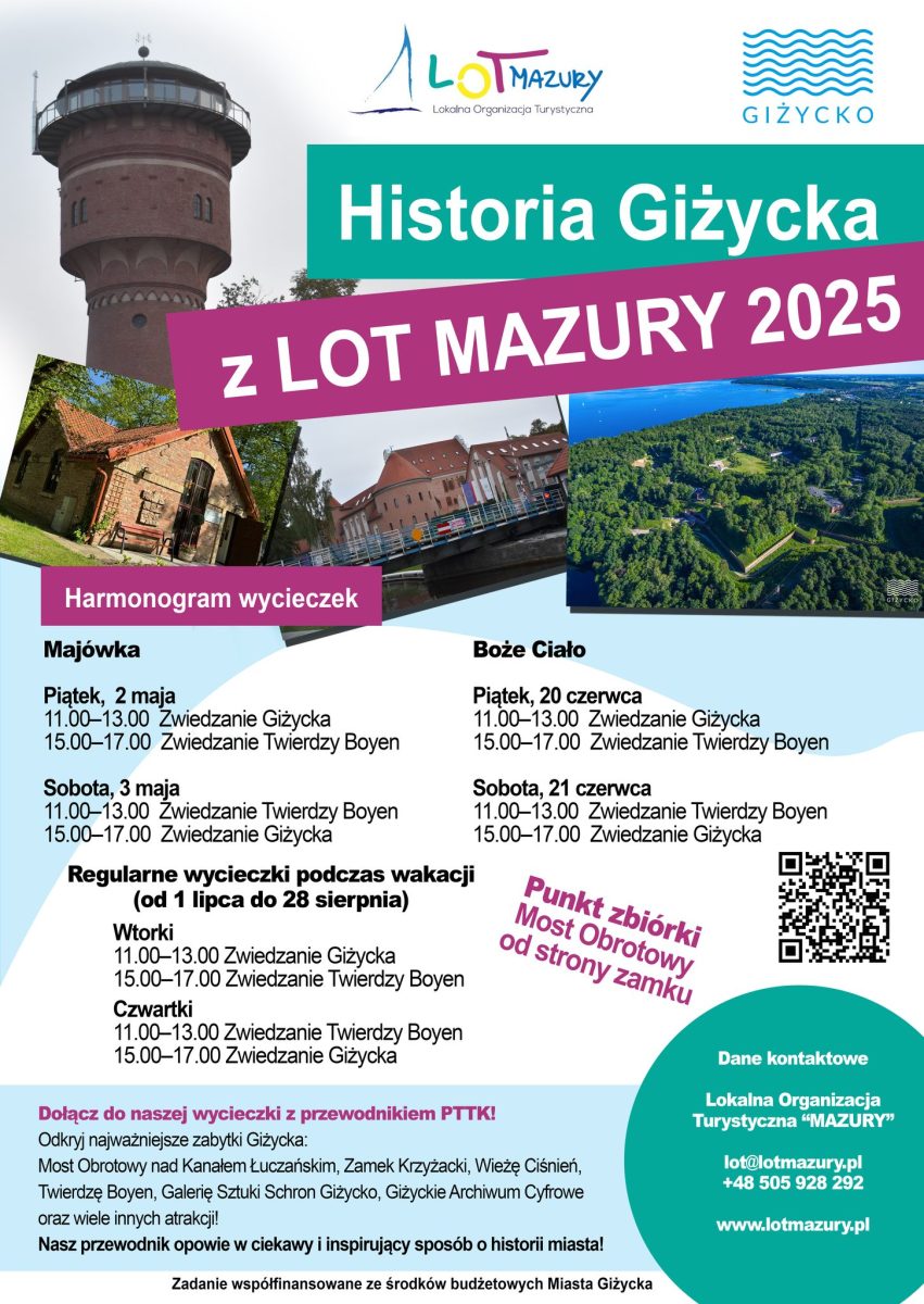 Plakat zapraszający do Giżycka na wtorkowe i czwartkowe wycieczki po Giżycku - Zwiedzanie Giżycka i Twierdzy Boyen Giżycko 2025. 