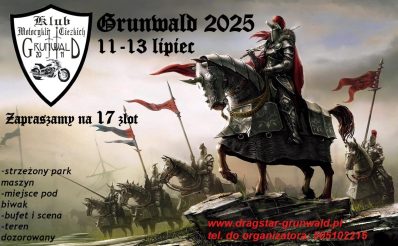 Plakat zapraszający w dniach 11-13 lipca 2025 r. do Grunwaldu na Motocyklowy Zlot Grunwaldzki Grunwald 2025. 
