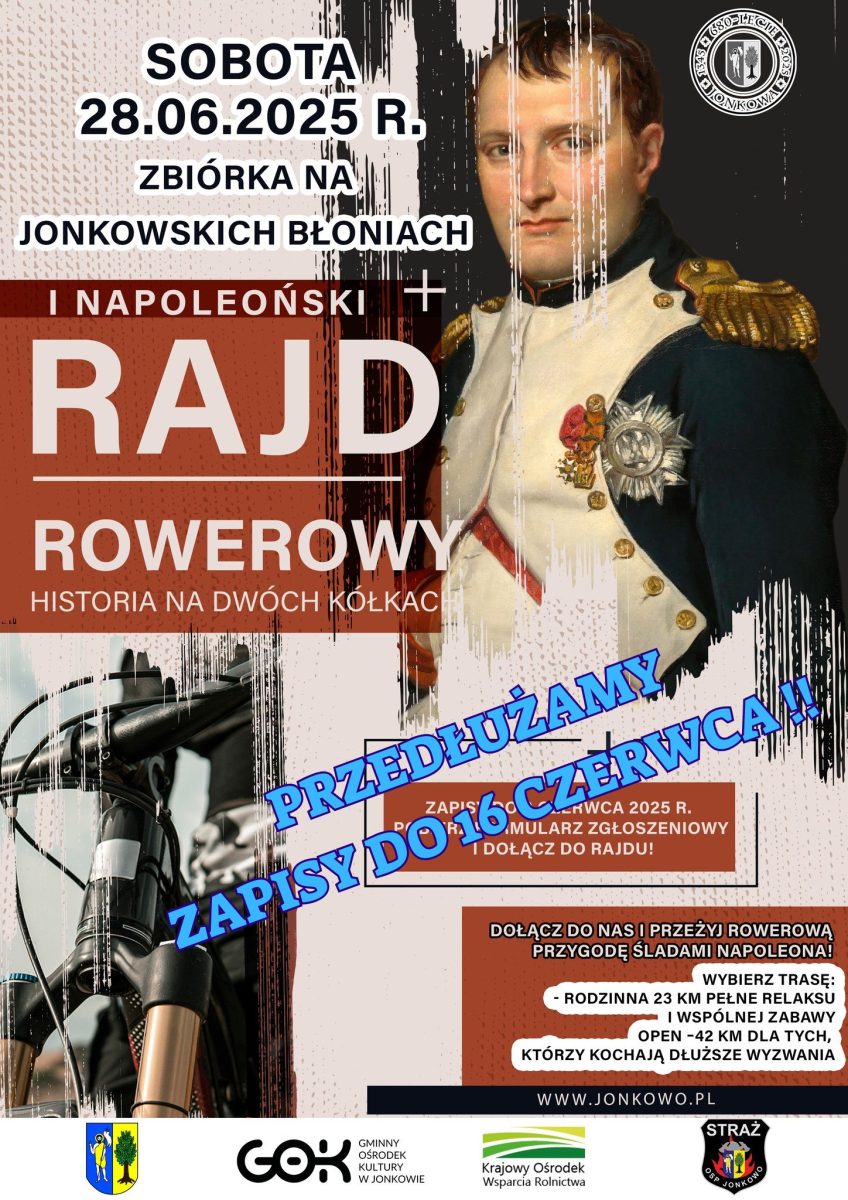 Plakat zapraszający w sobotę 28 czerwca 2025 r. do Jonkowa na Napoleoński Rajd Rowerowy – Jonkowo 2025. 