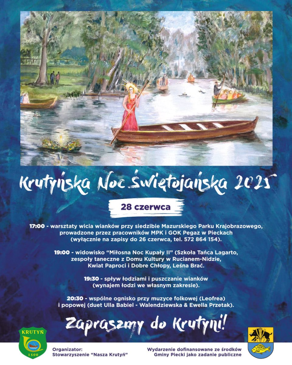 Plakat zapraszający w sobotę 28 czerwca 2025 r. do Krutyni na Krutyńską Noc Świętojańska Krutynia 2025.