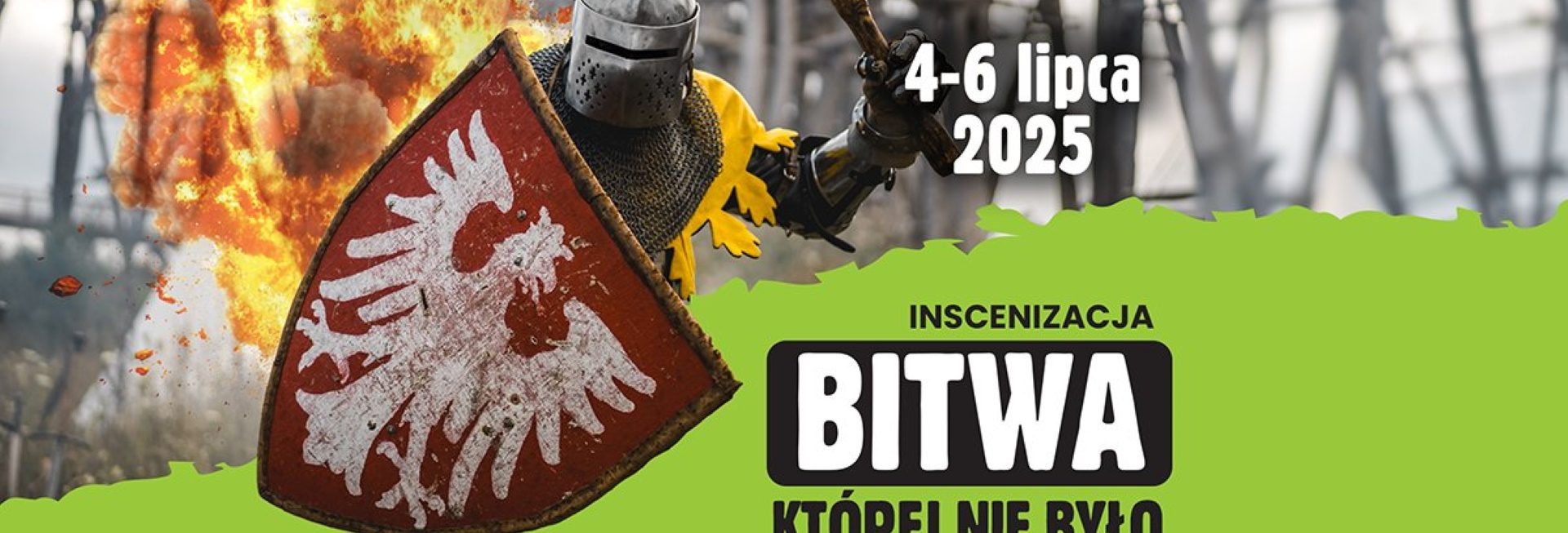 Plakat zapraszający w dniach 4-6 lipca 2025 r. do miejscowości Kurzętnik na Kurzą Górę na Inscenizację Średniowiecznej Bitwy Rycerskiej "Bitwa, której nie było 1410" Kurza Góra Kurzętnik 2025.