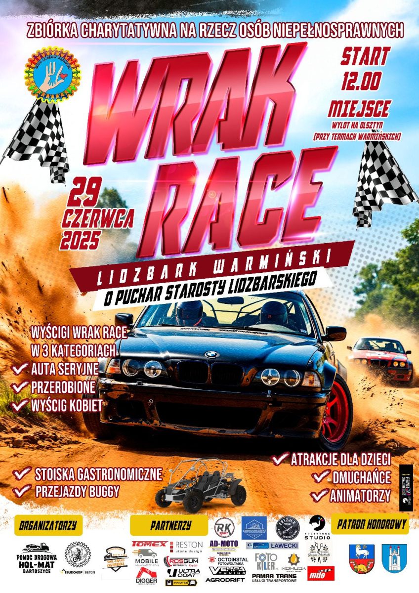 Plakat zapraszający w niedzielę 29 czerwca 2025 r. do Lidzbarka Warmińskiego na Wyścigi Wrak Race Lidzbark Warmiński 2025. 