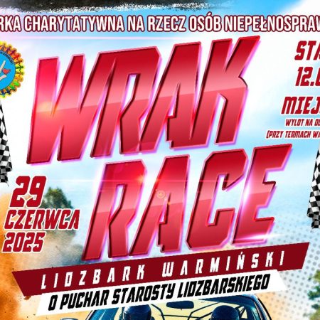 Plakat zapraszający w niedzielę 29 czerwca 2025 r. do Lidzbarka Warmińskiego na Wyścigi Wrak Race Lidzbark Warmiński 2025.