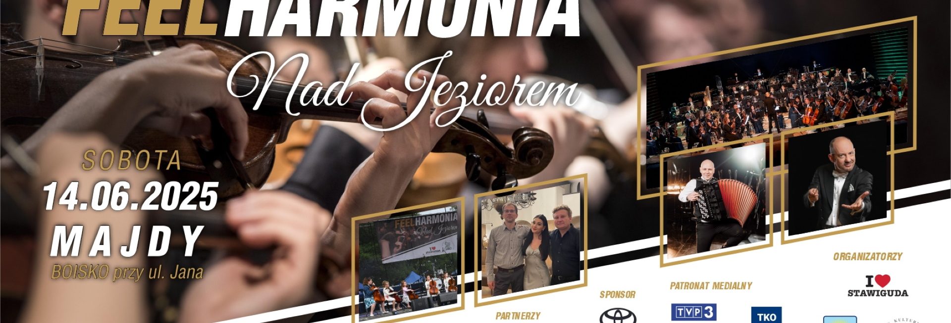 Plakat zapraszający w sobotę 14 czerwca 2025 r. do miejscowości Majdy nad jeziorem Wulpińskim w gminie Stawiguda na koncert FEELHARMONIA Nad Jeziorem Majdy 2025.