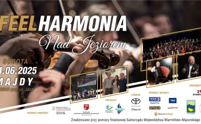 Plakat zapraszający w sobotę 14 czerwca 2025 r. do miejscowości Majdy nad jeziorem Wulpińskim w gminie Stawiguda na koncert FEELHARMONIA Nad Jeziorem Majdy 2025.