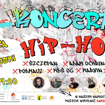 Plakat zapraszający w piątek 27 czerwca 2025 r. do Morąga na Koncert HIP-HOP Morąg 2025.