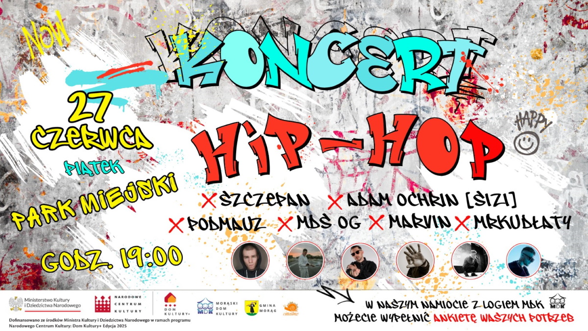Plakat zapraszający w piątek 27 czerwca 2025 r. do Morąga na Koncert HIP-HOP Morąg 2025. 