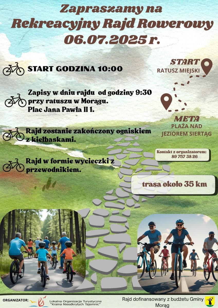 Plakat zapraszający w niedzielę 6 lipca 2025 r. do Morąga na Rekreacyjny Rajd Rowerowy Morąg 2025. 