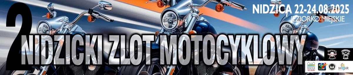 Plakat zapraszający w dniach 22-24 sierpnia 2025 r. do Nidzicy na Nidzicki Zlot Motocyklowy Nidzica 2025. 