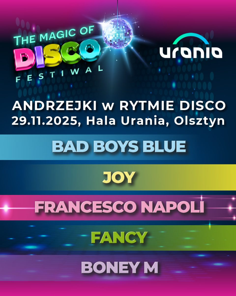 Plakat zapraszający w sobotę 29 listopada 2025 r. do Olsztyna na koncert Andrzejki w Rytmie Disco Hala Urania Olsztyn 2025. 